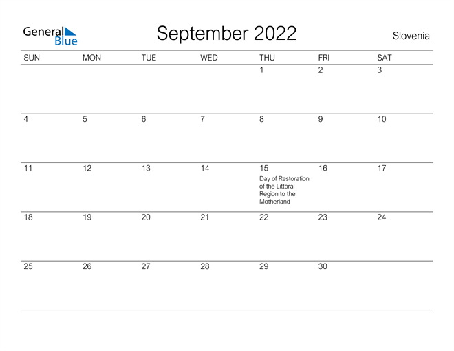 Printable September 2022 Calendar for Slovenia