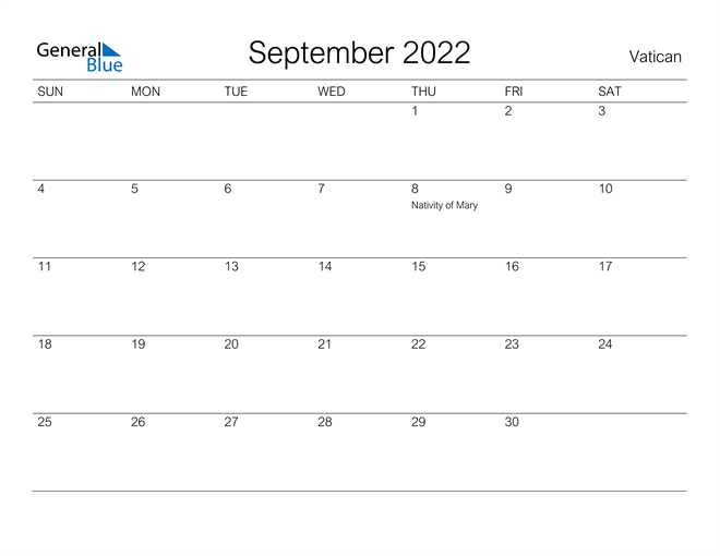 Printable September 2022 Calendar for Vatican
