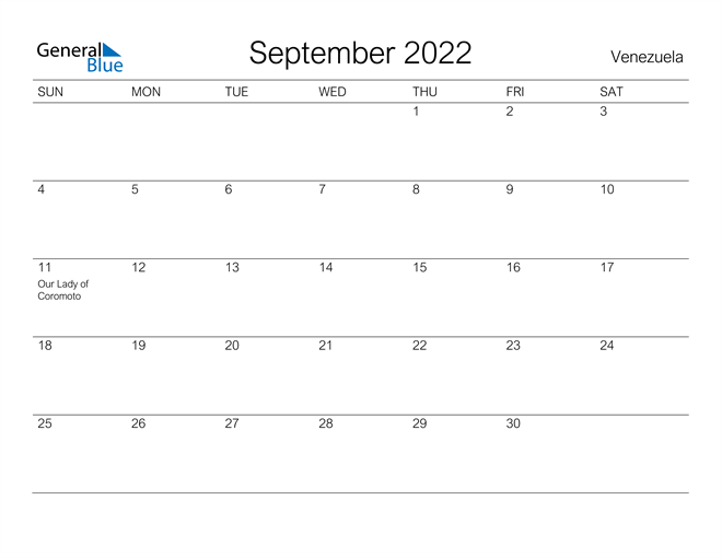 Printable September 2022 Calendar for Venezuela