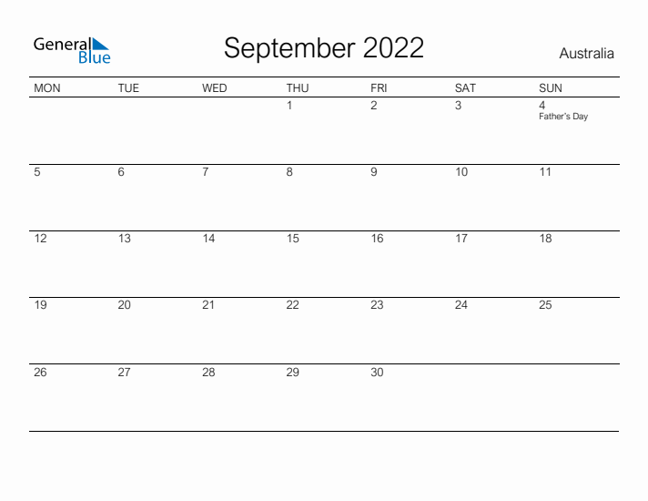 Printable September 2022 Calendar for Australia