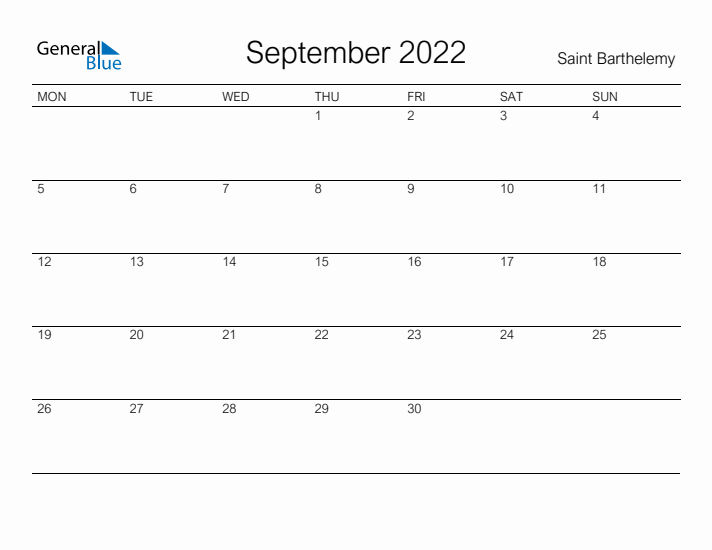 Printable September 2022 Calendar for Saint Barthelemy