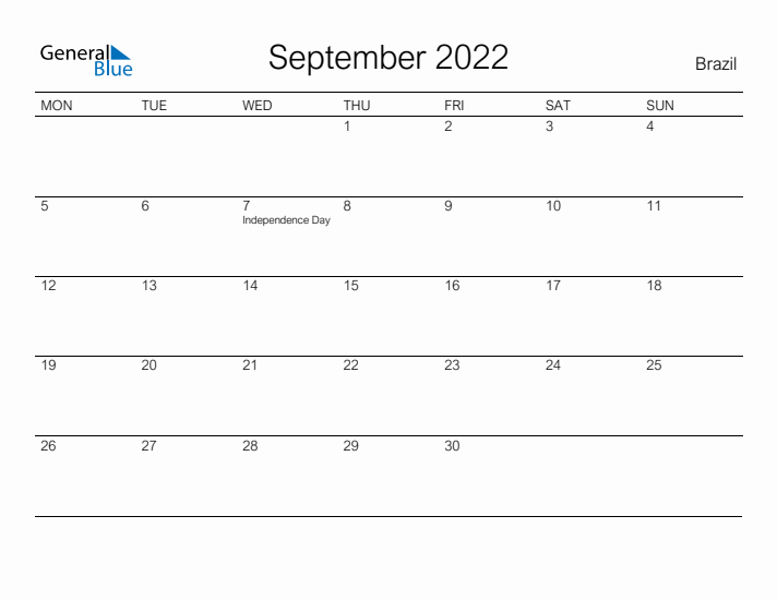 Printable September 2022 Calendar for Brazil