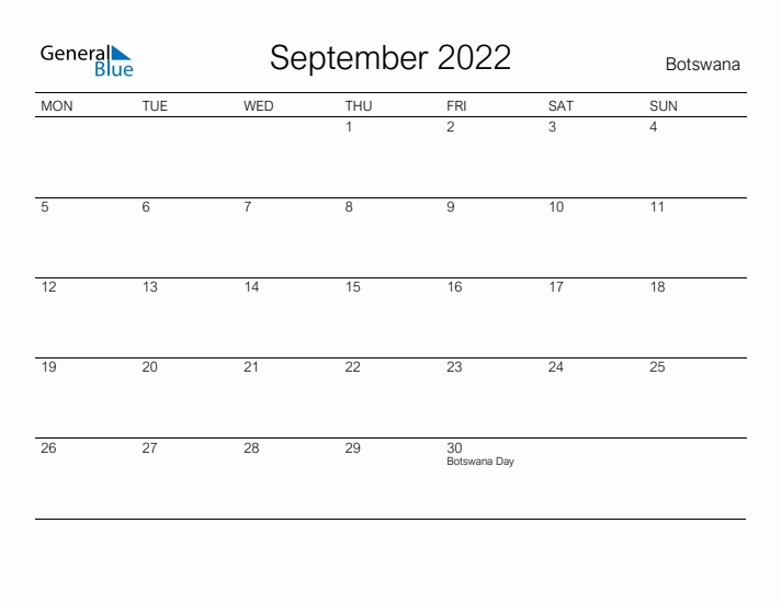 Printable September 2022 Calendar for Botswana