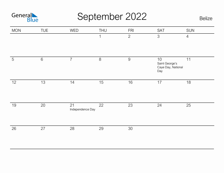 Printable September 2022 Calendar for Belize