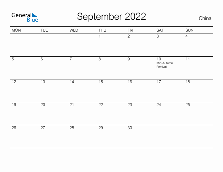 Printable September 2022 Calendar for China