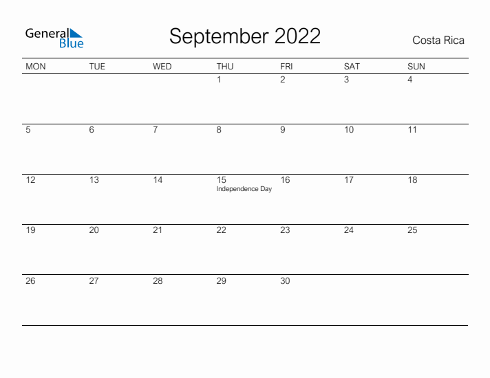 Printable September 2022 Calendar for Costa Rica