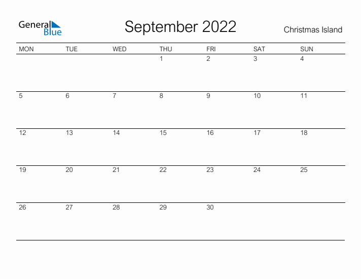 Printable September 2022 Calendar for Christmas Island