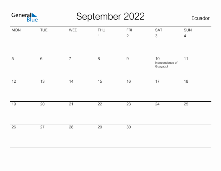 Printable September 2022 Calendar for Ecuador
