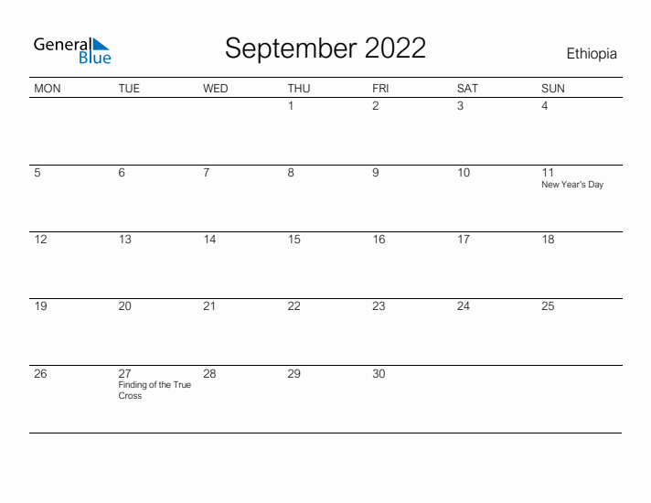 Printable September 2022 Calendar for Ethiopia