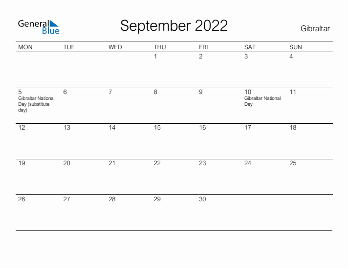 Printable September 2022 Calendar for Gibraltar