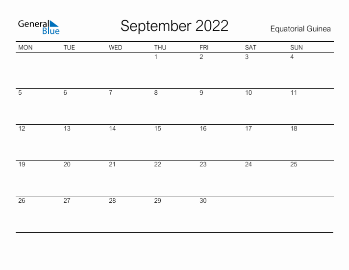 Printable September 2022 Calendar for Equatorial Guinea