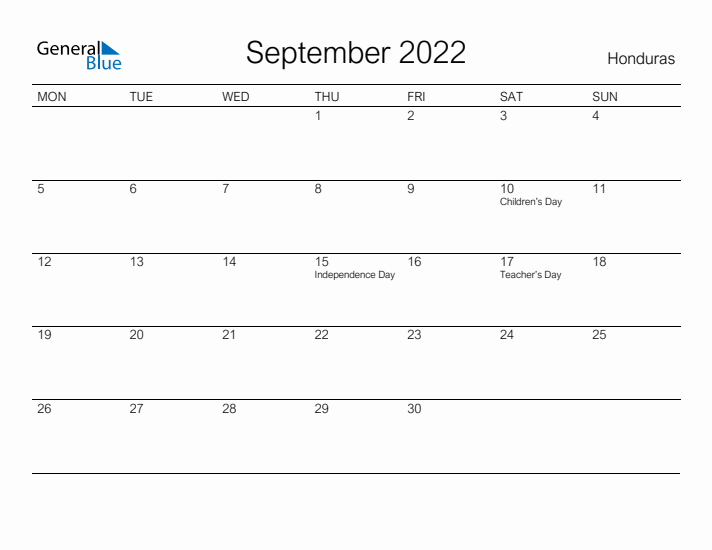 Printable September 2022 Calendar for Honduras
