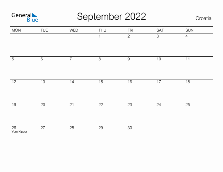 Printable September 2022 Calendar for Croatia
