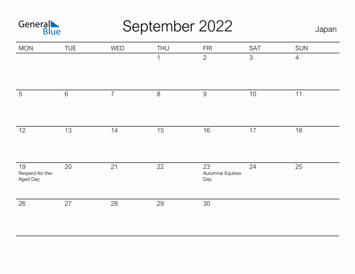 Printable September 2022 Calendar for Japan
