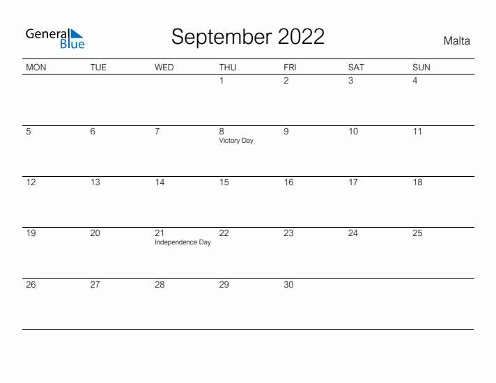 Printable September 2022 Calendar for Malta