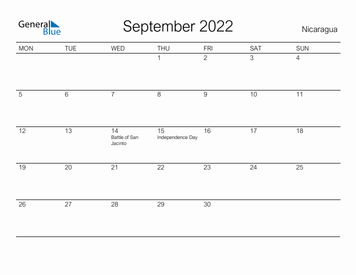Printable September 2022 Calendar for Nicaragua