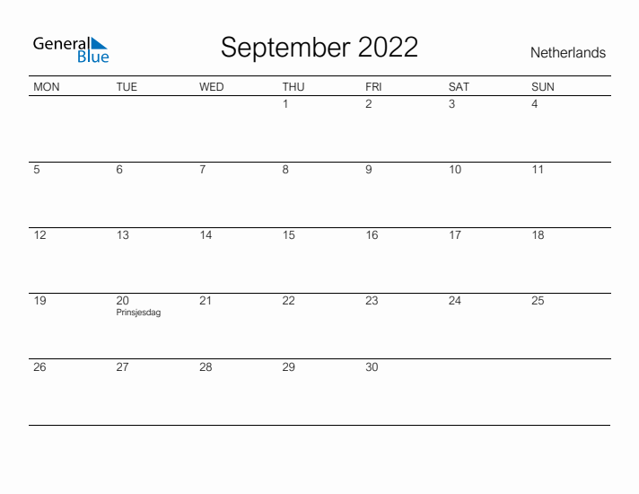 Printable September 2022 Calendar for The Netherlands