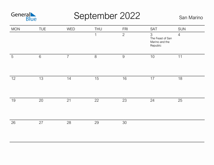 Printable September 2022 Calendar for San Marino