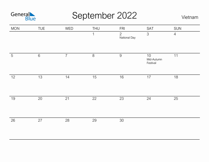 Printable September 2022 Calendar for Vietnam