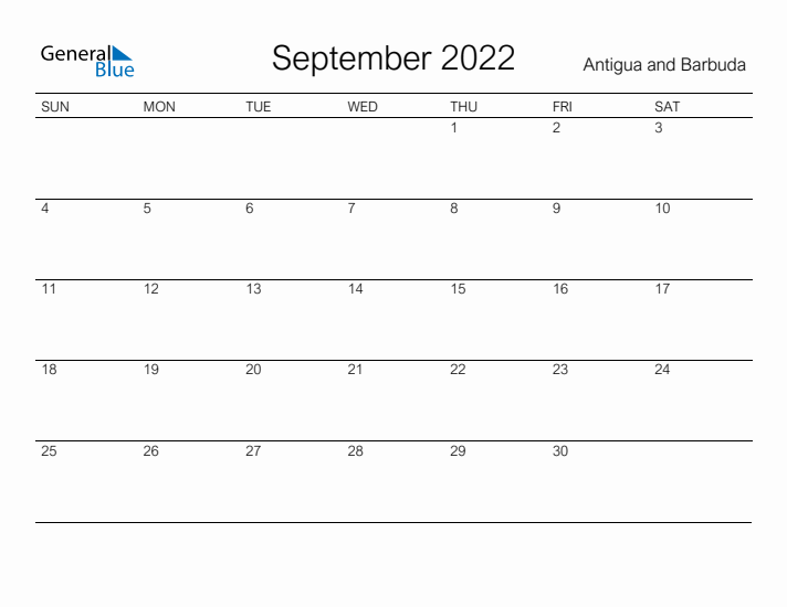 Printable September 2022 Calendar for Antigua and Barbuda