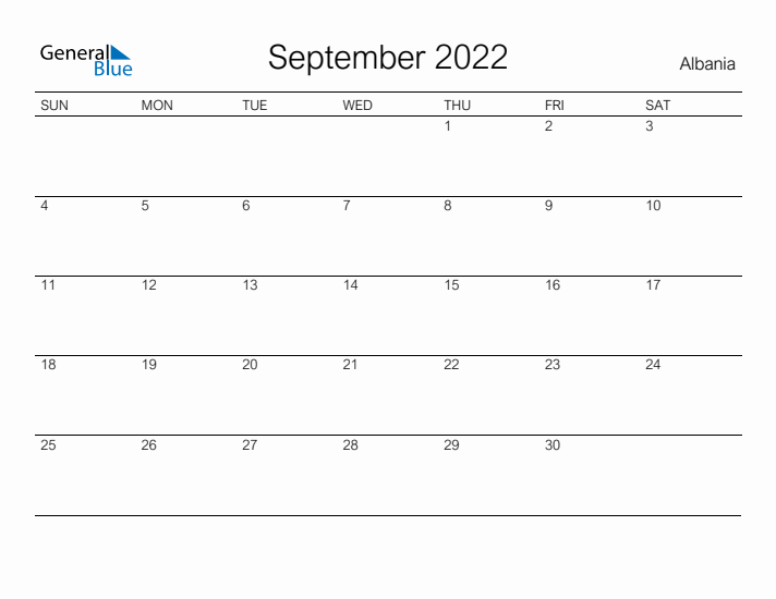 Printable September 2022 Calendar for Albania