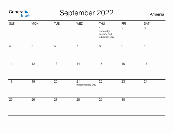 Printable September 2022 Calendar for Armenia