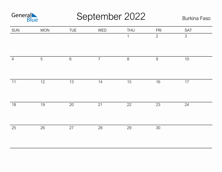 Printable September 2022 Calendar for Burkina Faso