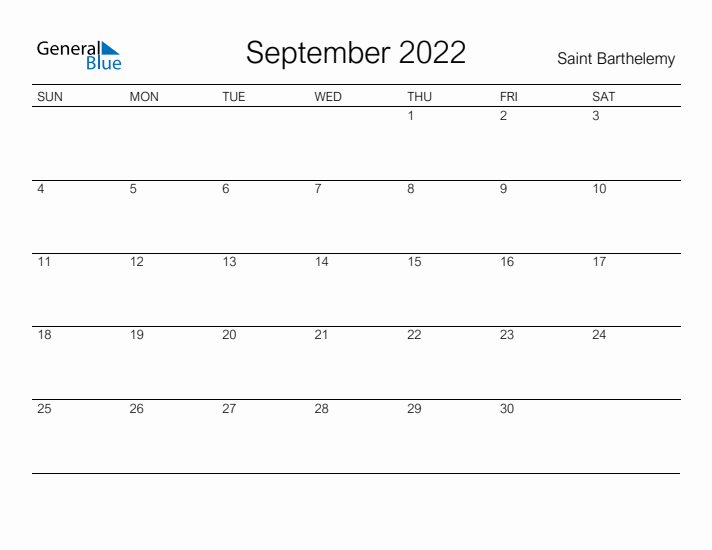 Printable September 2022 Calendar for Saint Barthelemy
