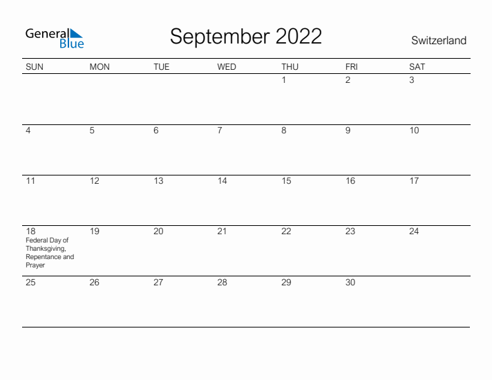 Printable September 2022 Calendar for Switzerland