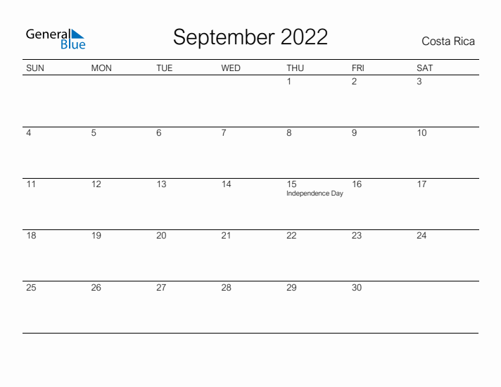 Printable September 2022 Calendar for Costa Rica