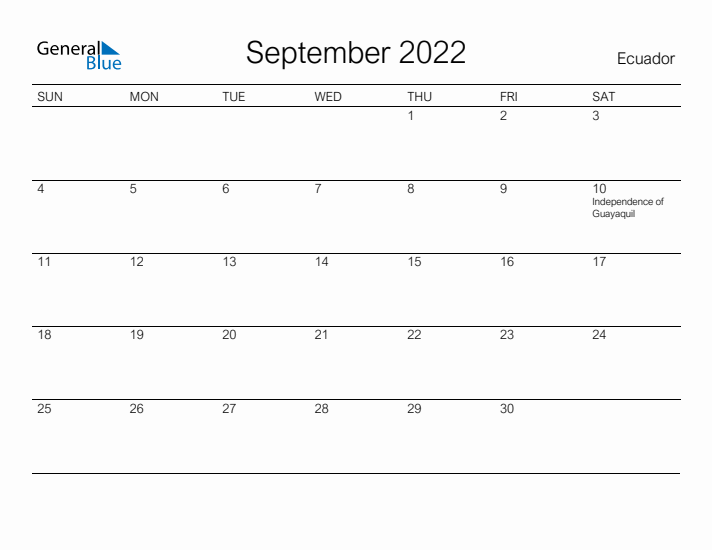 Printable September 2022 Calendar for Ecuador