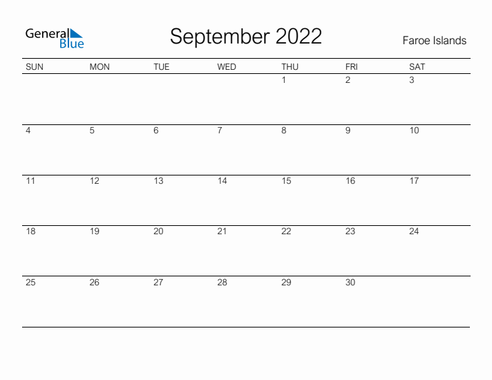 Printable September 2022 Calendar for Faroe Islands