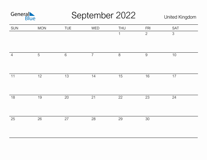Printable September 2022 Calendar for United Kingdom