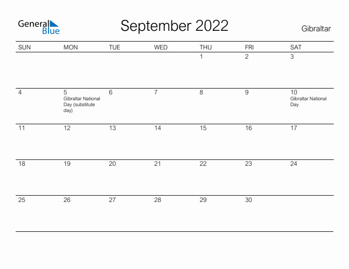 Printable September 2022 Calendar for Gibraltar