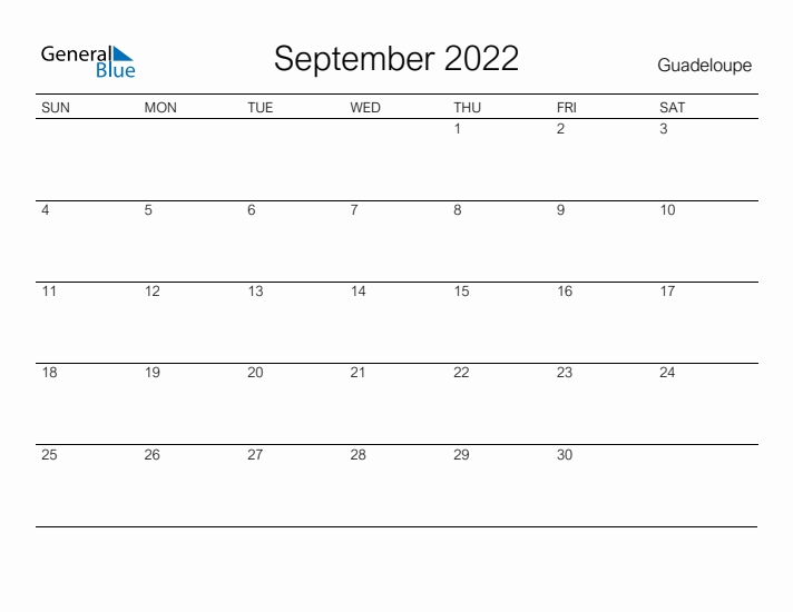 Printable September 2022 Calendar for Guadeloupe