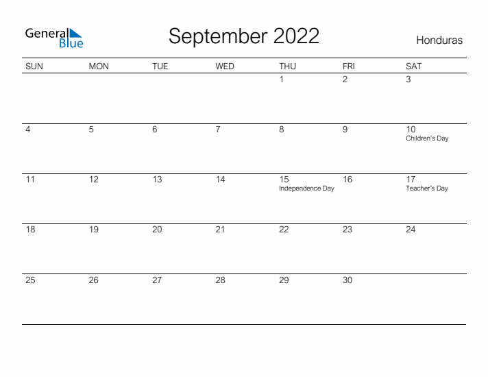 Printable September 2022 Calendar for Honduras