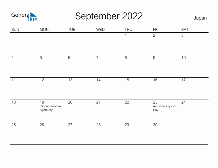 Printable September 2022 Calendar for Japan