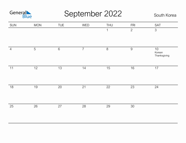 Printable September 2022 Calendar for South Korea
