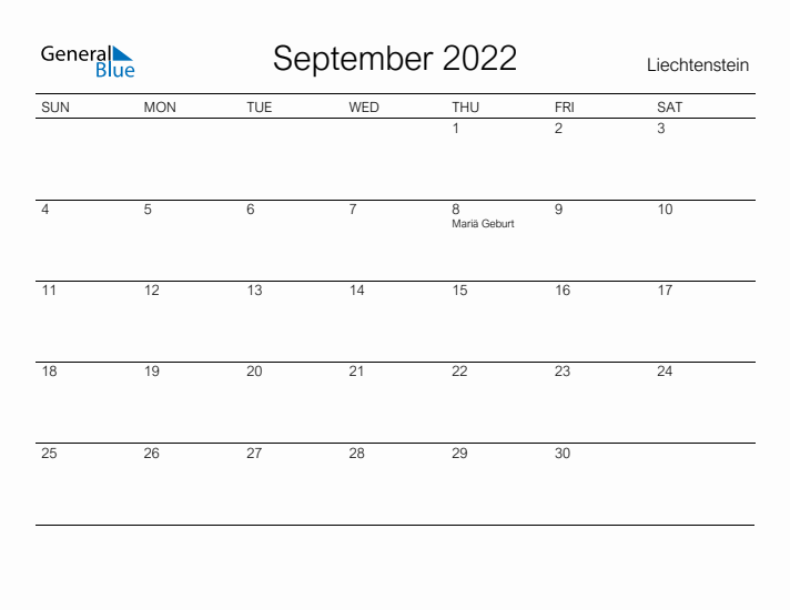 Printable September 2022 Calendar for Liechtenstein