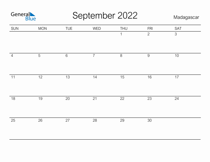 Printable September 2022 Calendar for Madagascar