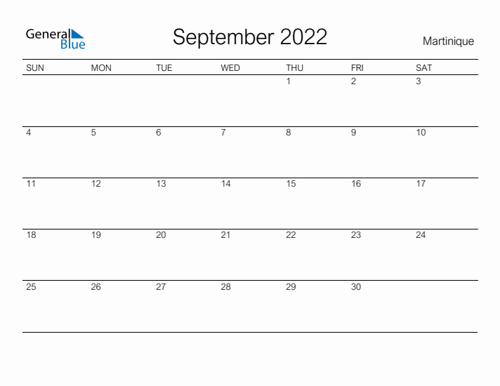 Printable September 2022 Calendar for Martinique