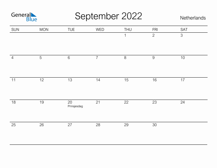 Printable September 2022 Calendar for The Netherlands
