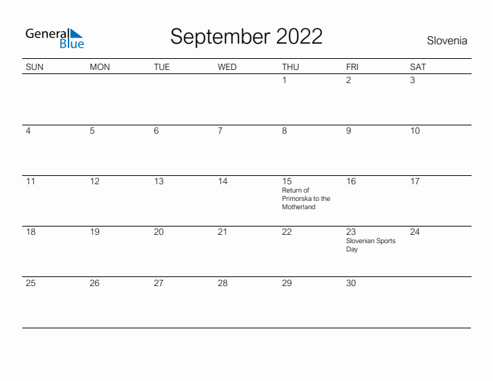 Printable September 2022 Calendar for Slovenia