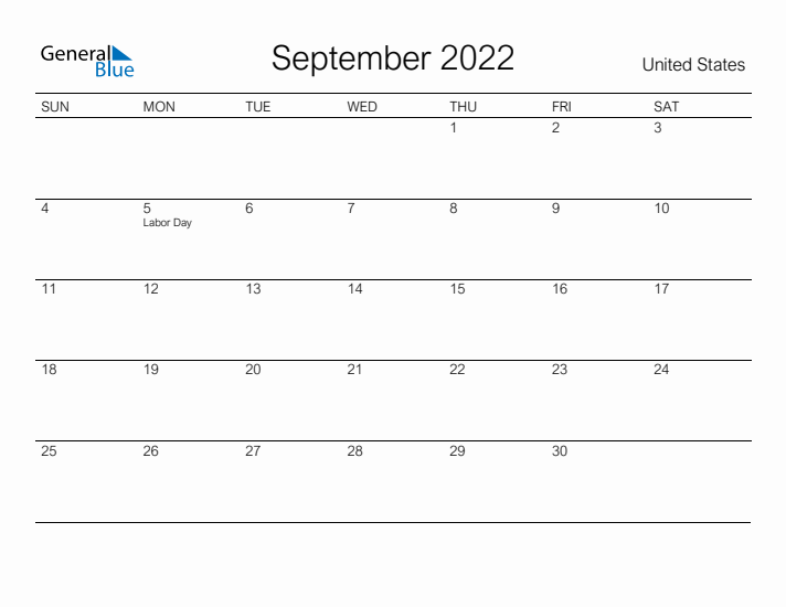 Printable September 2022 Calendar for United States