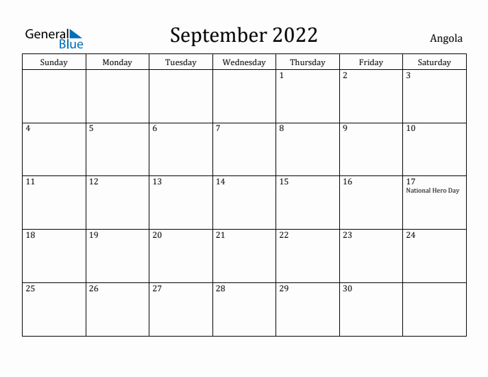 September 2022 Calendar Angola