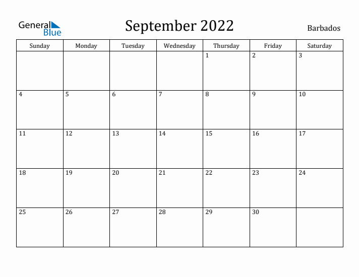 September 2022 Calendar Barbados