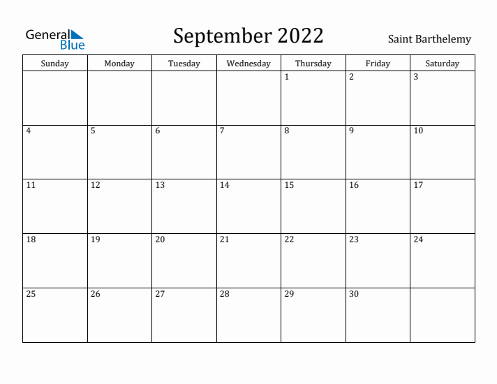 September 2022 Calendar Saint Barthelemy
