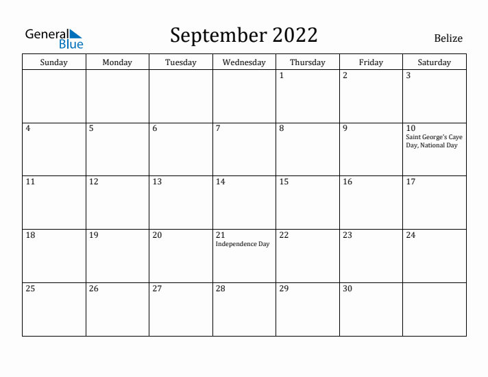 September 2022 Calendar Belize