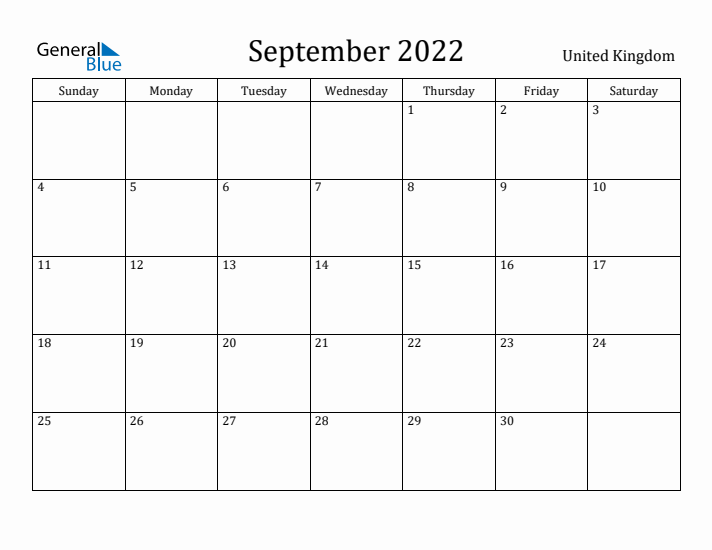 September 2022 Calendar United Kingdom