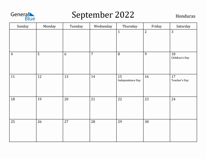 September 2022 Calendar Honduras